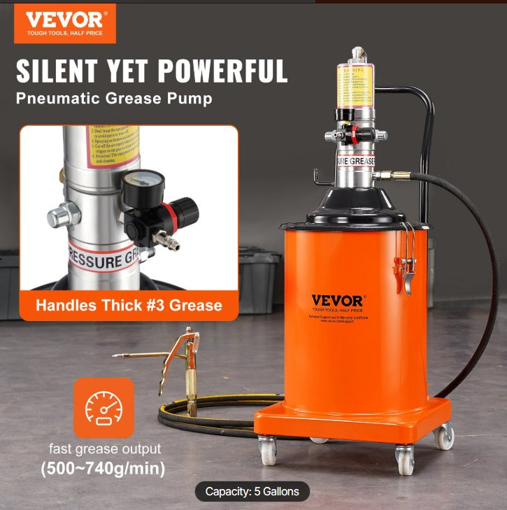VEVOR 5 GALLON AIR OPERATED GREASE PUMP WITH 13' PRESSURE HOSE & GREASE GUN