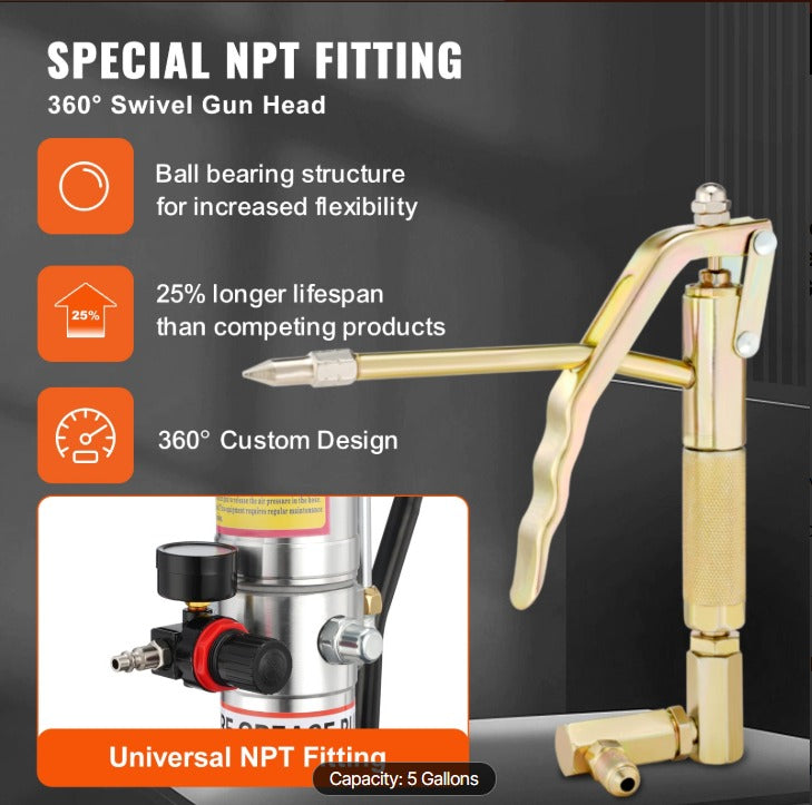 VEVOR 5 GALLON AIR OPERATED GREASE PUMP WITH 13' PRESSURE HOSE & GREASE GUN
