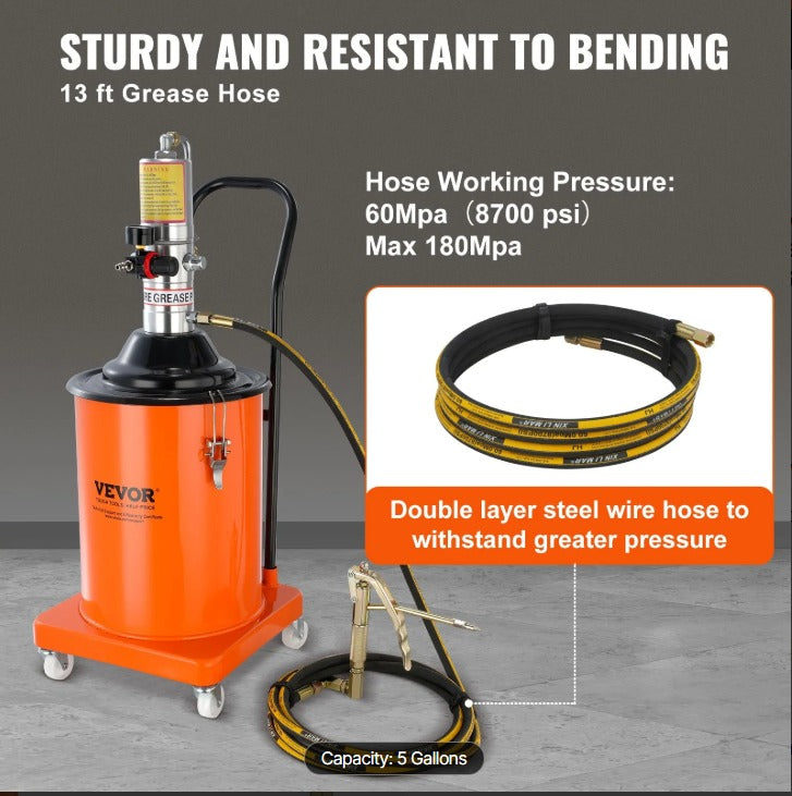 VEVOR 5 GALLON AIR OPERATED GREASE PUMP WITH 13' PRESSURE HOSE & GREASE GUN