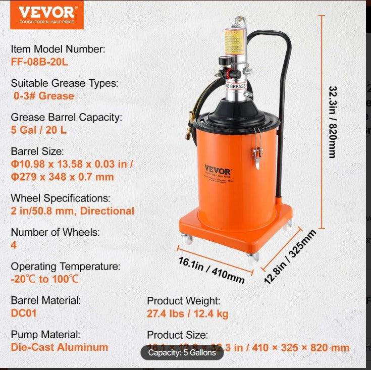 VEVOR 5 GALLON AIR OPERATED GREASE PUMP WITH 13' PRESSURE HOSE & GREASE GUN