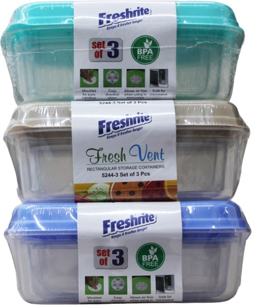 3pk RECTANGLE FOOD CONTAINERS FRESH VENT MICROWAVE SAFE LIDS