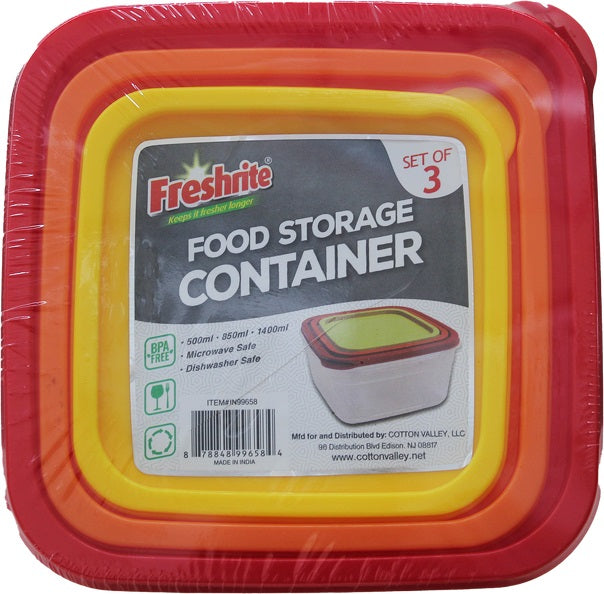 3pc SQUARE PLASTIC FOOD STORAGE CONTAINERS & LIDS
