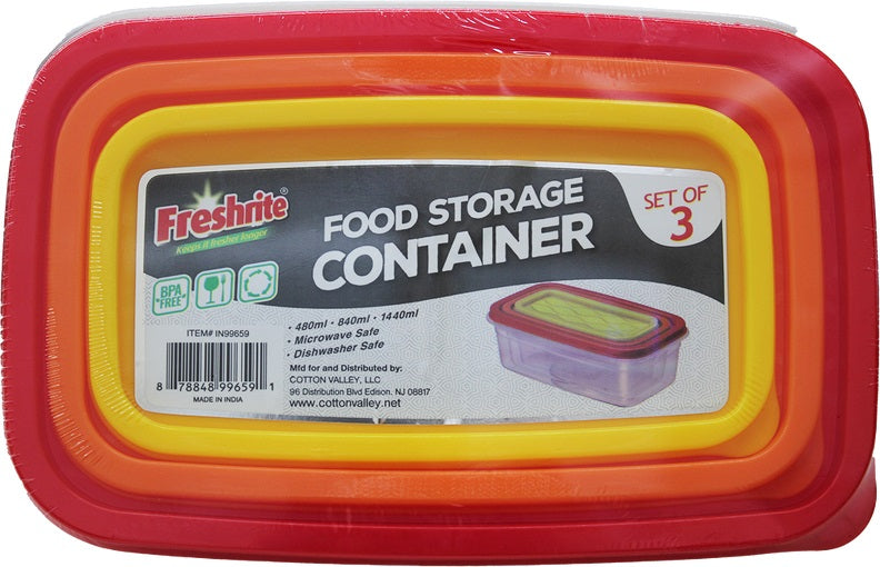 3pc RECTANGLE PLASTIC FOOD STORAGE CONTAINERS & LIDS