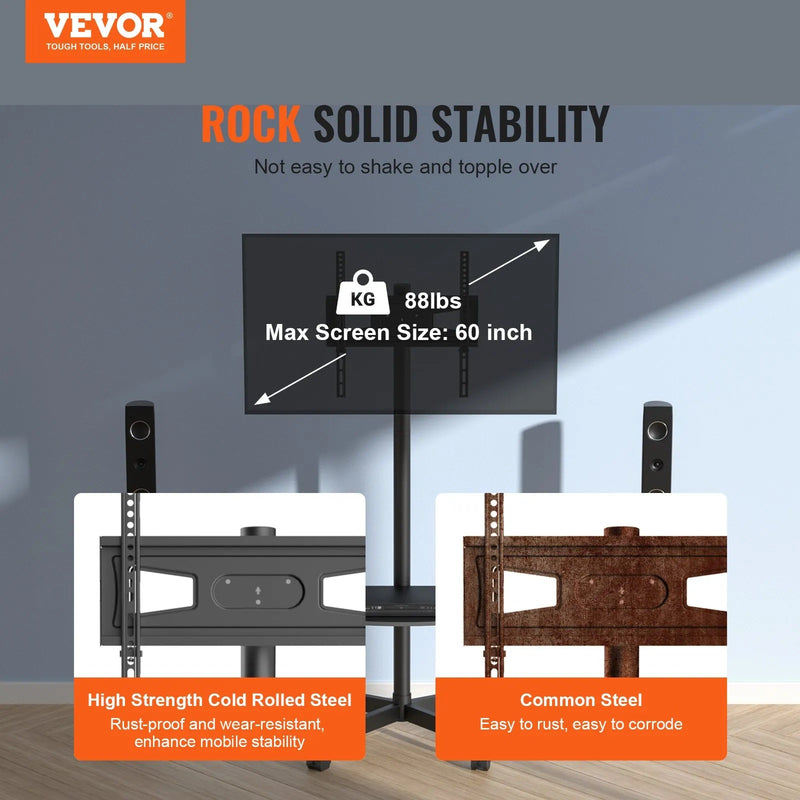 VEVOR 23-60'' MOBILE TV STAND ADJUSTABLE HEIGHT WITH AV TRAY & WHEELS