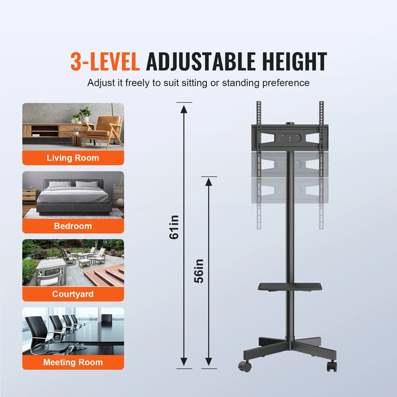 VEVOR 23-60'' MOBILE TV STAND ADJUSTABLE HEIGHT WITH AV TRAY & WHEELS