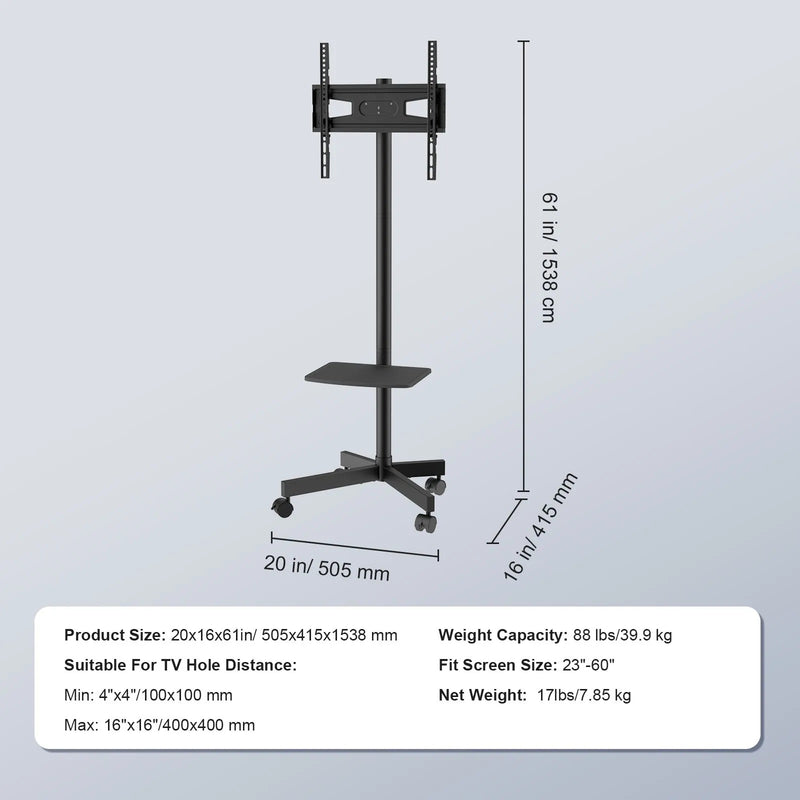 VEVOR 23-60'' MOBILE TV STAND ADJUSTABLE HEIGHT WITH AV TRAY & WHEELS