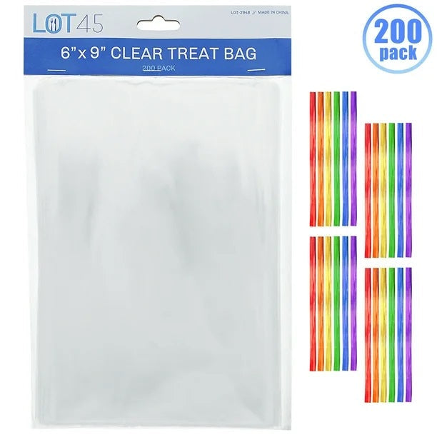 LOT45 200PK 6x9'' CLEAR FOOD GRADE TREAT BAGS WITH COLOR TIES
