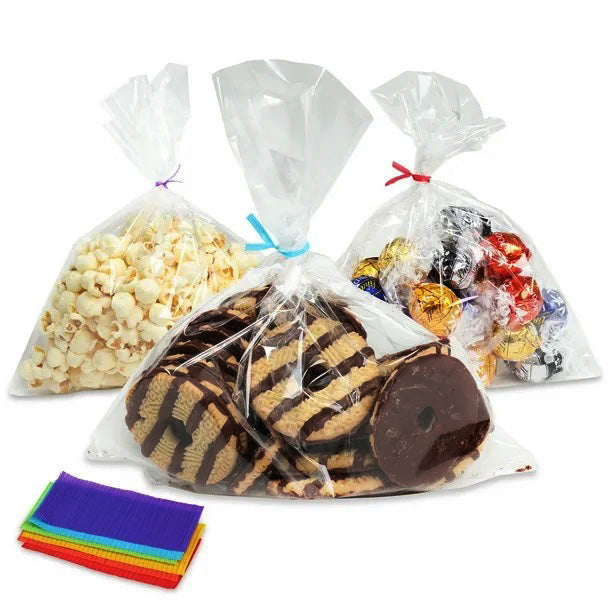 LOT45 200PK 6x9'' CLEAR FOOD GRADE TREAT BAGS WITH COLOR TIES