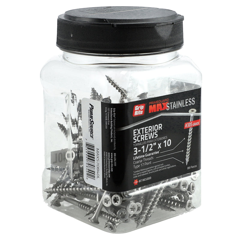 GRIP-RITE 88PC STAINLESS COARSE DECK SCREWS #10x3-1/4'' T-25 TYPE 17 POINT