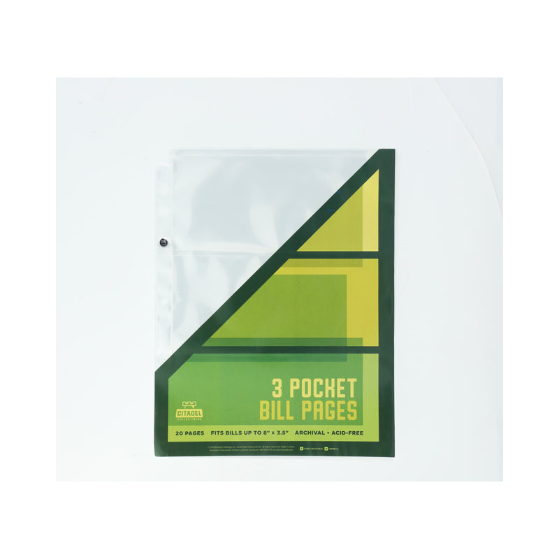 CITADEL 20 PAGE 3 POCKET BILL COLLECTORS PAGES FITS BILLS UP TO 8x3.5''
