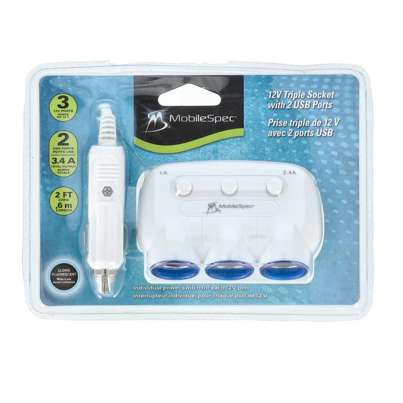 12V TRIPLE SOCKET WITH 2 USB PORTS & 2' CORD