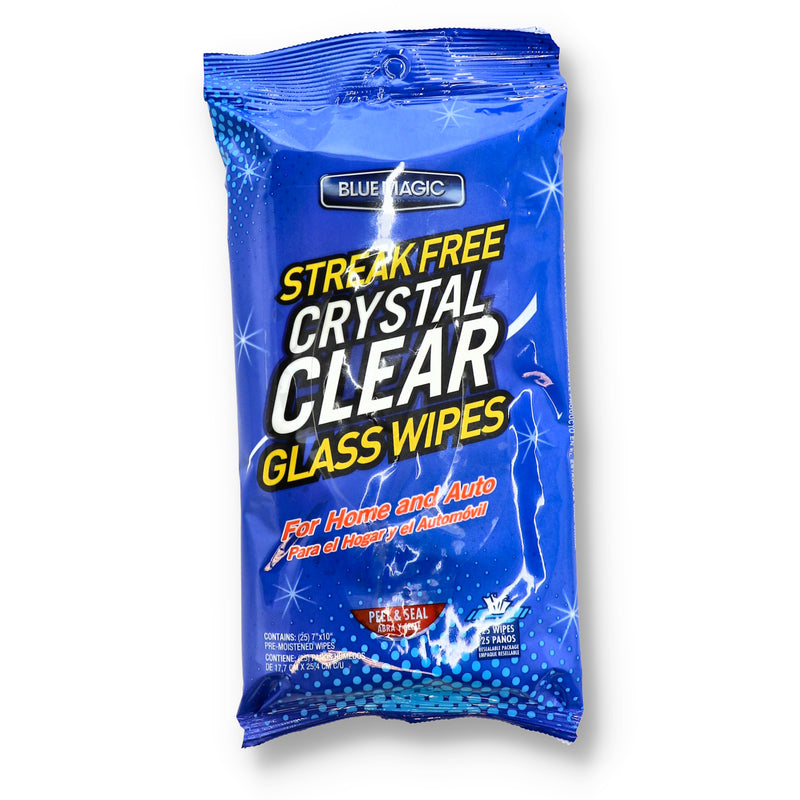 BLUE MAGIC 25CT CRYSTAL CLEAR GLASS WIPES IN REUSABLE FOIL BAG
