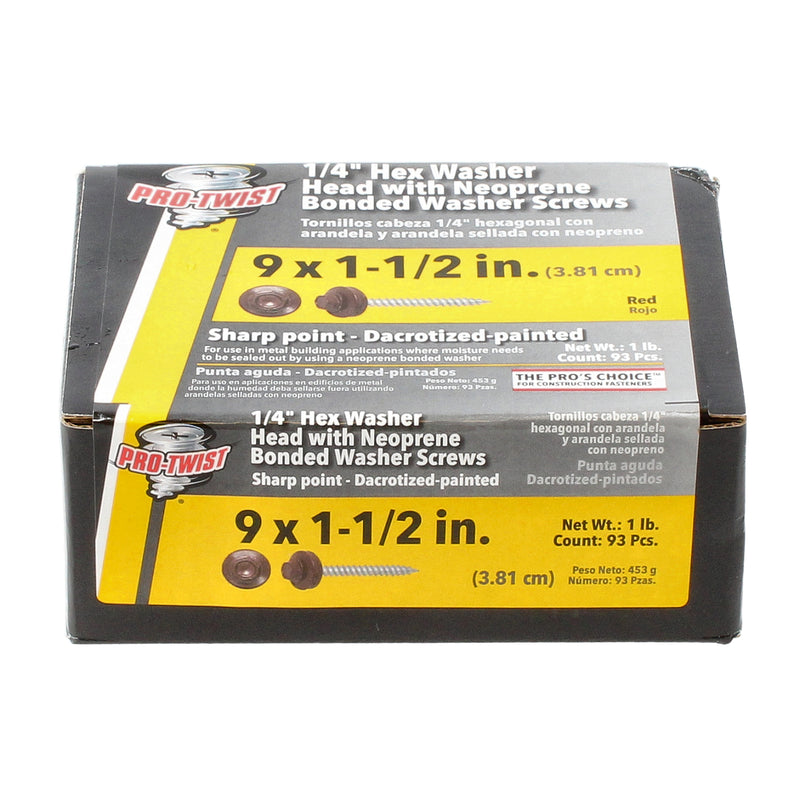 PRO-TWIST 1LB 1/4'' HEX WASHER HEAD BONDED SCREWS #9x1'' RED SHARP POINT