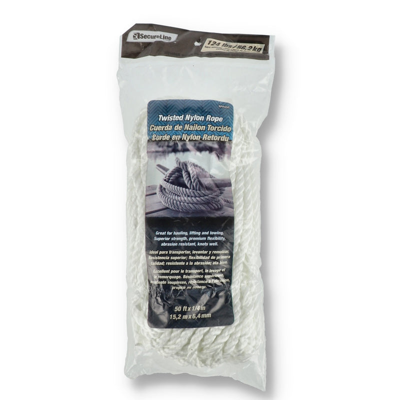 50'x1/4'' TWISTED NYLON ROPE 124LB WLL