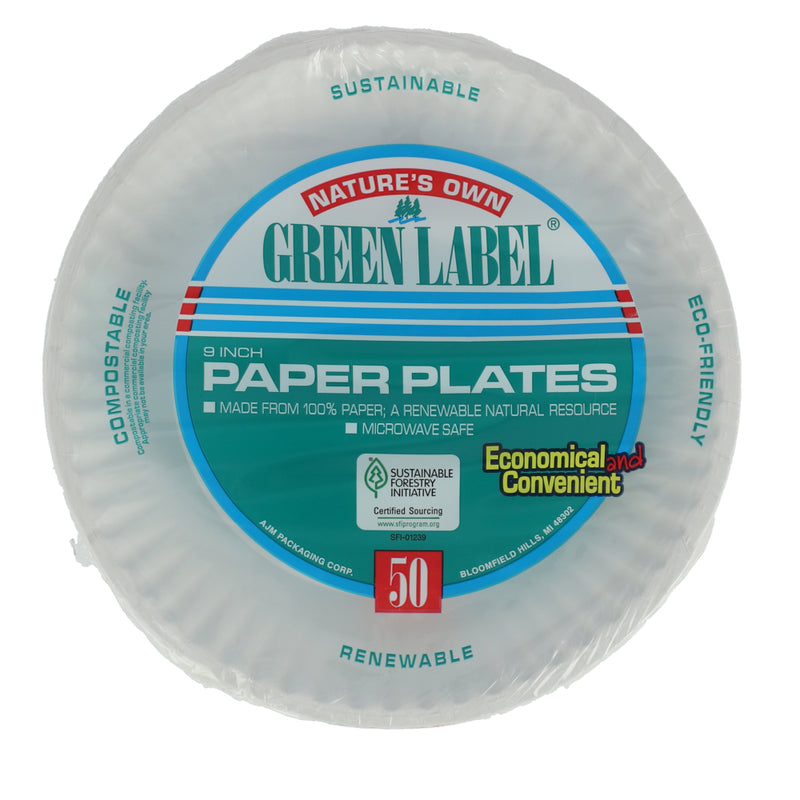 50ct 9'' WHITE PAPER PLATES GREEN LABEL