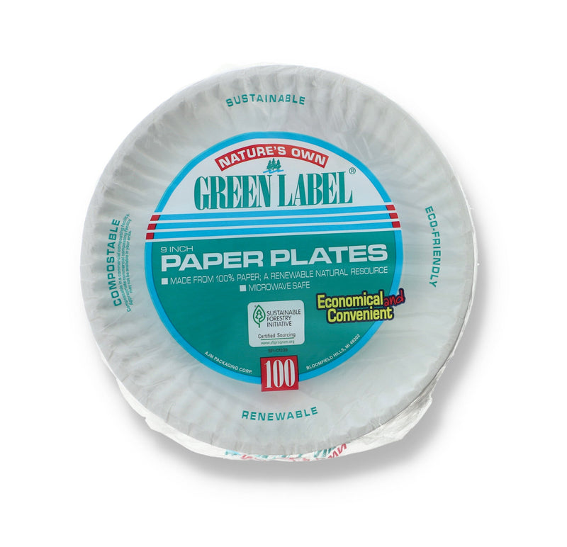 100ct 9'' GRN LABEL WHITE PAPER PLATES