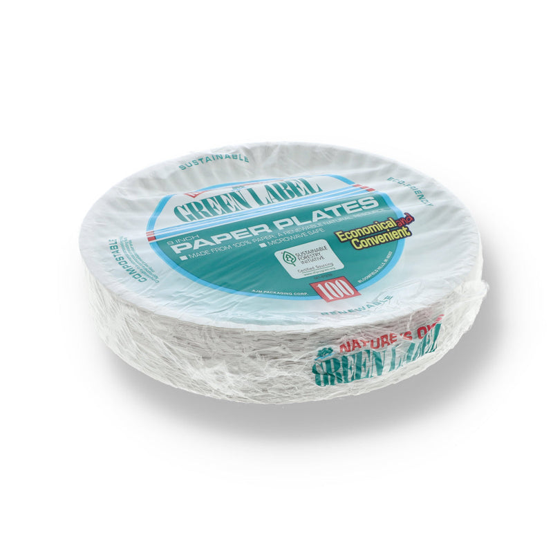 100ct 9'' GRN LABEL WHITE PAPER PLATES