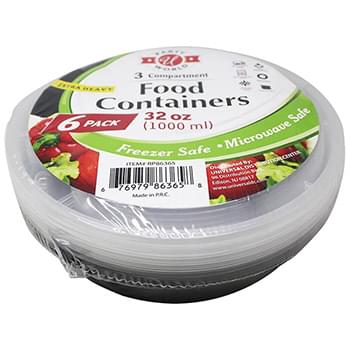 6PK 32OZ 3 COMPARTMENT ROUND CONTAINERS WITH LIDS