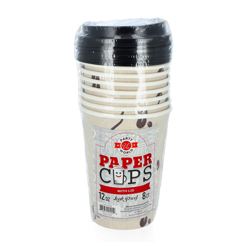 PARTY WORLD 8PK 12OZ PAPER CUP WITH LID