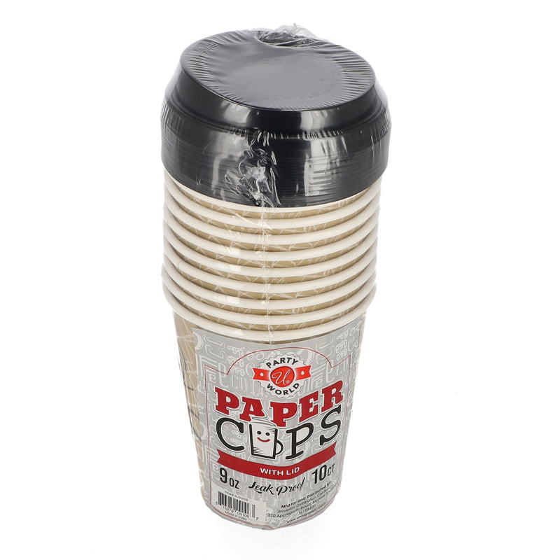 PARTY WORLD 10PK 9OZ PAPER CUP WITH LID