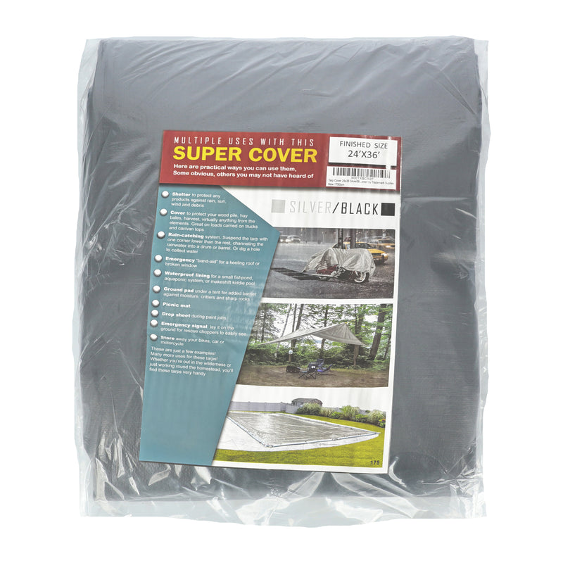 SUPER COVER TARP 24x36' FINISH SIZE SILVER/BLACK 864SQFT 10 MIL