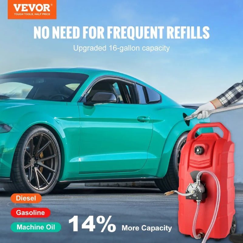 VEVOR 16 GALLON FUEL CADDY WITH ROTARY HAND PUMP & RUBBER WHEELS