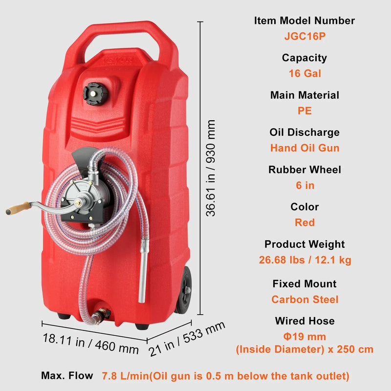 VEVOR 16 GALLON FUEL CADDY WITH ROTARY HAND PUMP & RUBBER WHEELS