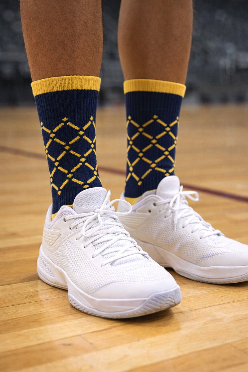 ANAX ADVANTAGE HIGH-PERFORMANCE LARGE COOL DRY SOCKS YELLOW & NAVY BLUE BASKETBALL NET PAT