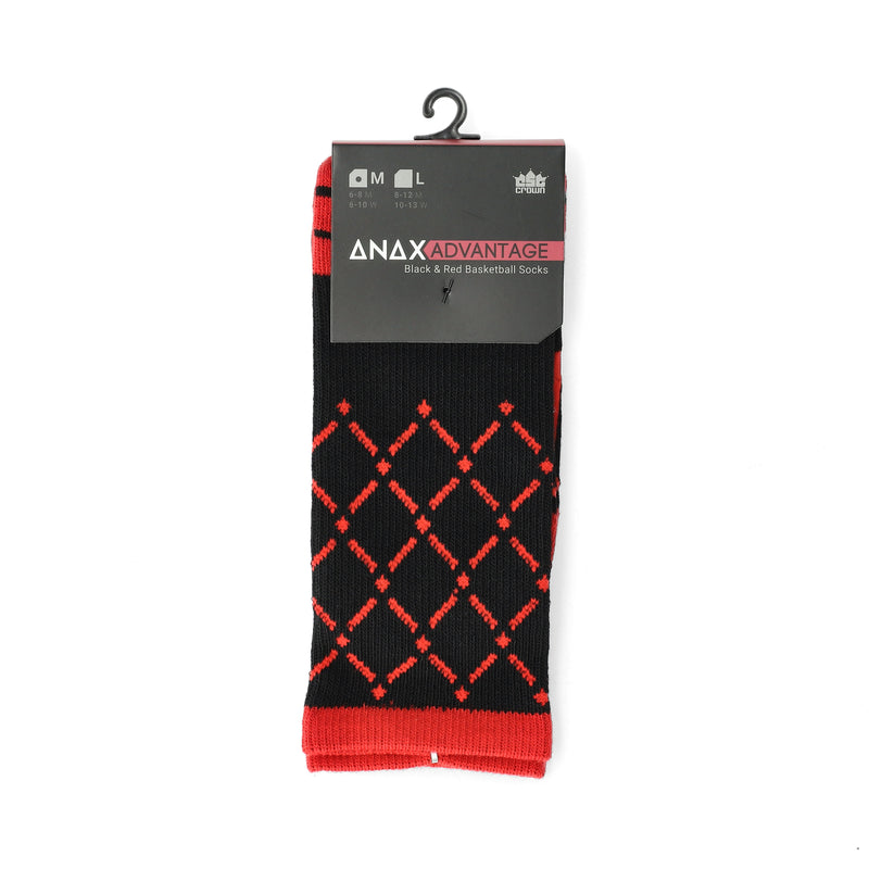 ANAX ADVANTAGE HIGH-PERFORMANCE MEDIUM COOL DRY SOCKS BLACK & RED BASKETBALL NET PATTERN