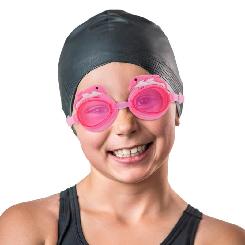 KIDS PINK DOLPINS SWIM GOGGLES WITH STORAGE CASE
