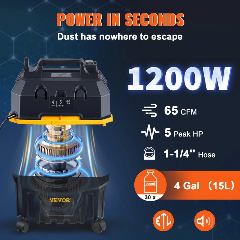 VEVOR 5HP 1200W 4 GALLON 3-in-1 WET-DRY SHOP VAC KIT