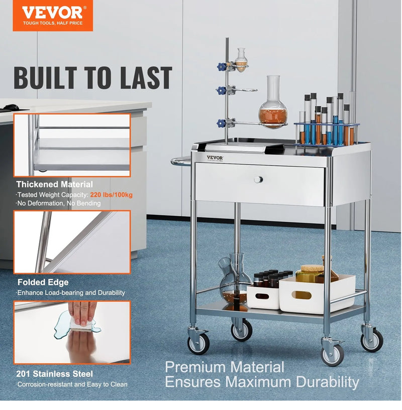 VEVOR 22.8x16.6'' TWO-TIER STAINLESS UTILITY CART WITH DRAWER & WHEELS
