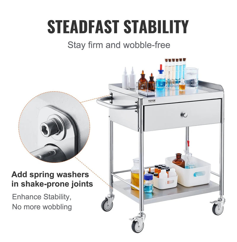 VEVOR 22.8x16.6'' TWO-TIER STAINLESS UTILITY CART WITH DRAWER & WHEELS