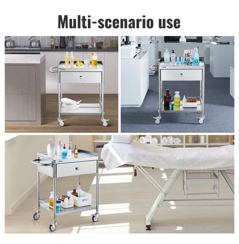 VEVOR 22.8x16.6'' TWO-TIER STAINLESS UTILITY CART WITH DRAWER & WHEELS
