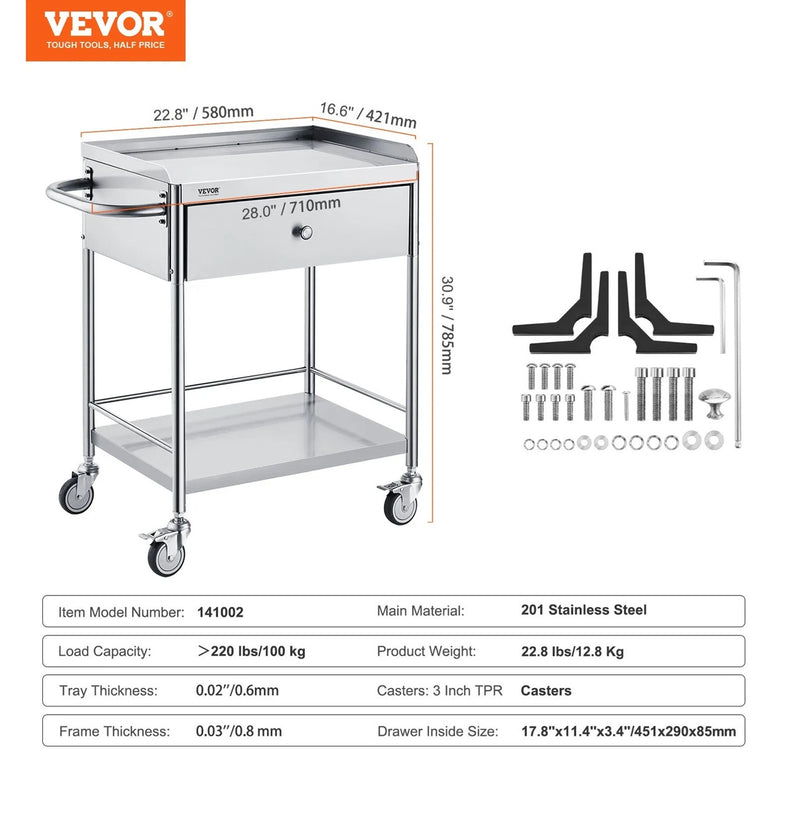 VEVOR 22.8x16.6'' TWO-TIER STAINLESS UTILITY CART WITH DRAWER & WHEELS