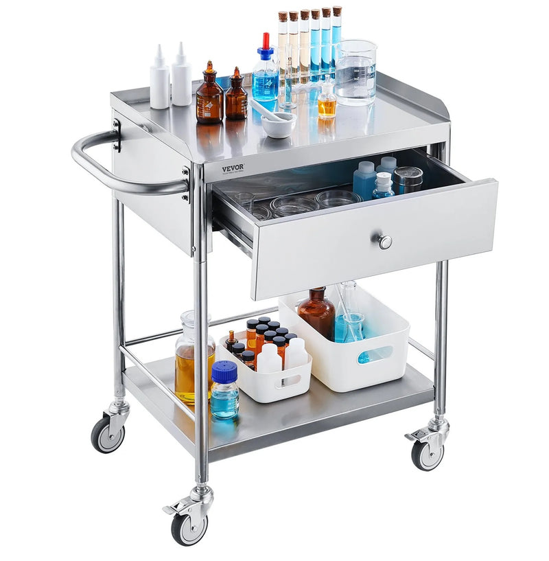 VEVOR 22.8x16.6'' TWO-TIER STAINLESS UTILITY CART WITH DRAWER & WHEELS