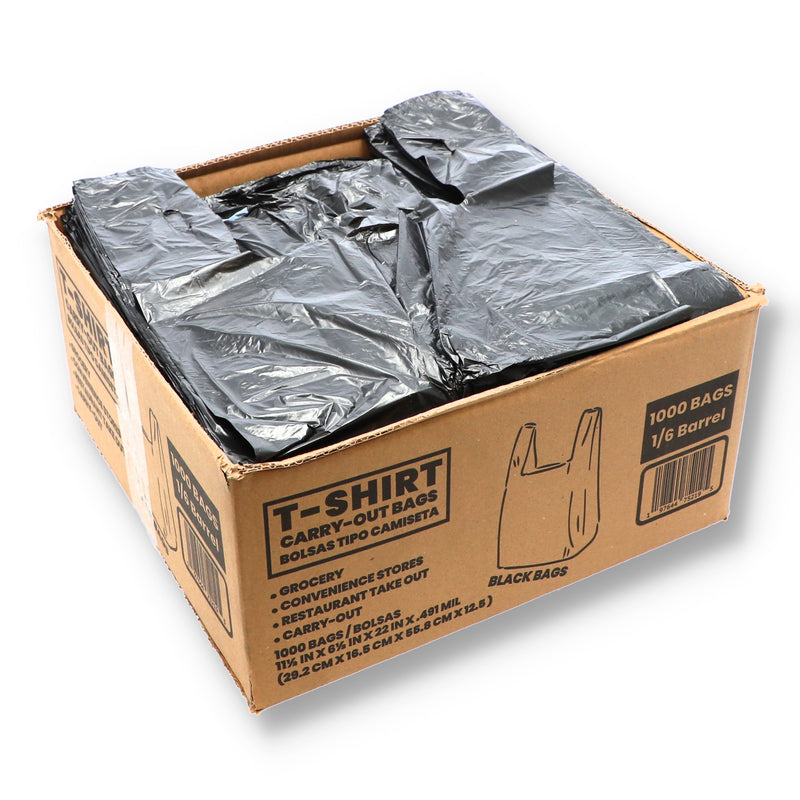 1000 CT BLACK T-SHIRT BAGS 11.5x6.5x22'' .49MIL