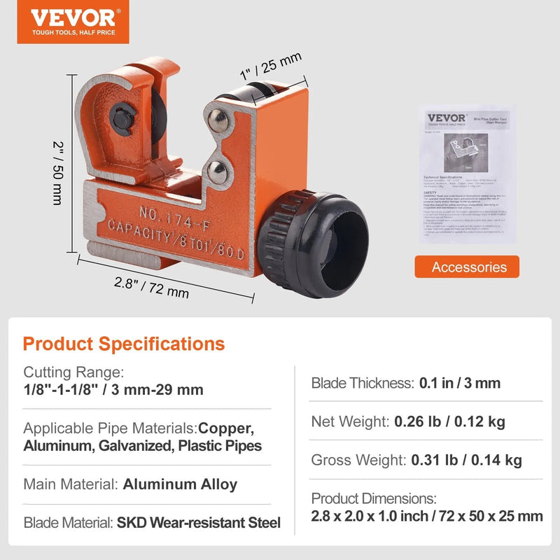 VEVOR MINI TUBING CUTTER 1/8-1-1/8'' CAPACITY
