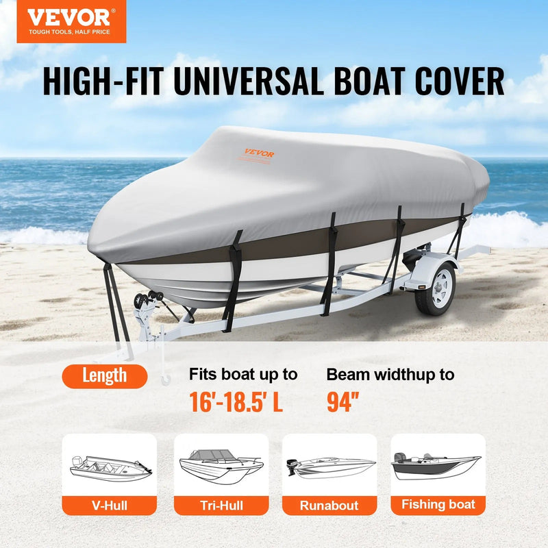 VEVOR 600D GREY BOAT COVER 16-18.5' BOATS