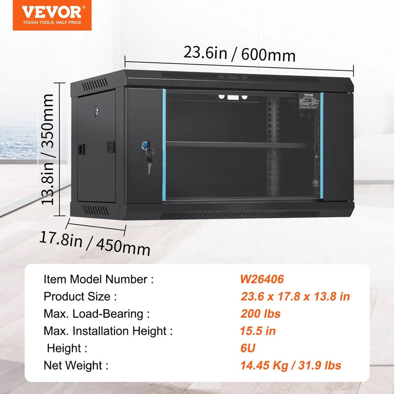VEVOR 6U WALL MOUNT NETWORK SERVER CABINET 15.5'' DEEP 200LB MAX
