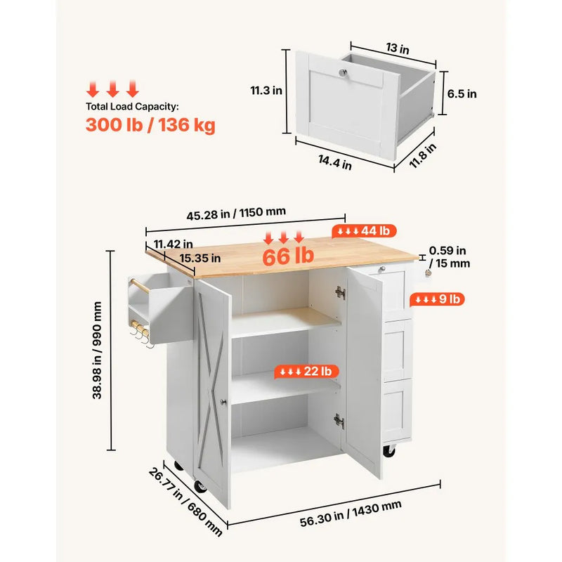 VEVOR 45.3'' KITCHEN ISLAND CART WITH WOOD TOP & WHEELS
