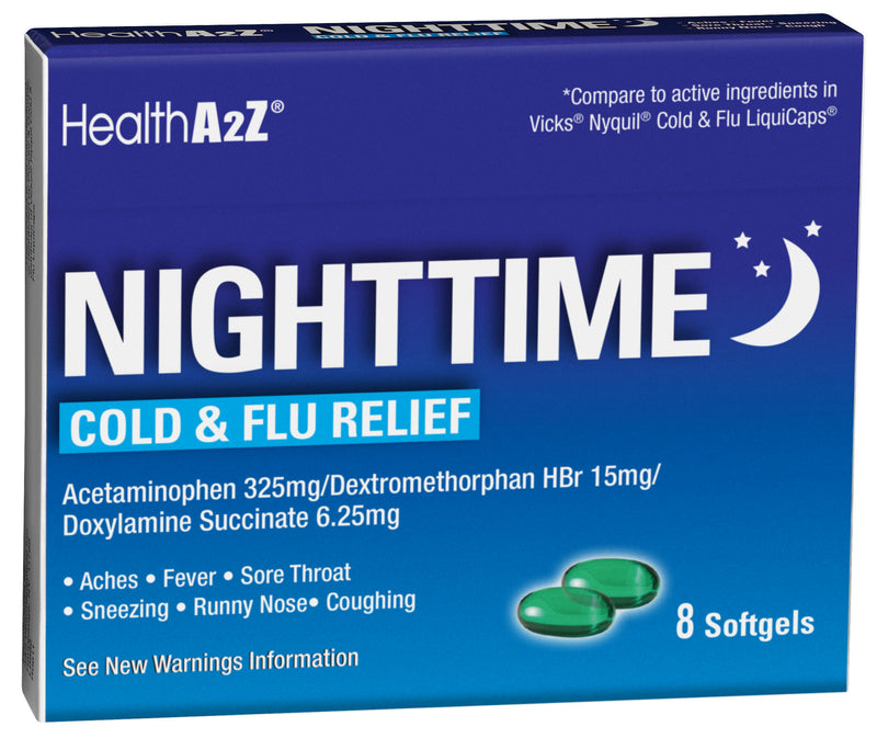 A2Z 8ct NIGHT TIME COLD & FLU SOFTGELS (COMPARE TO NYQUIL)